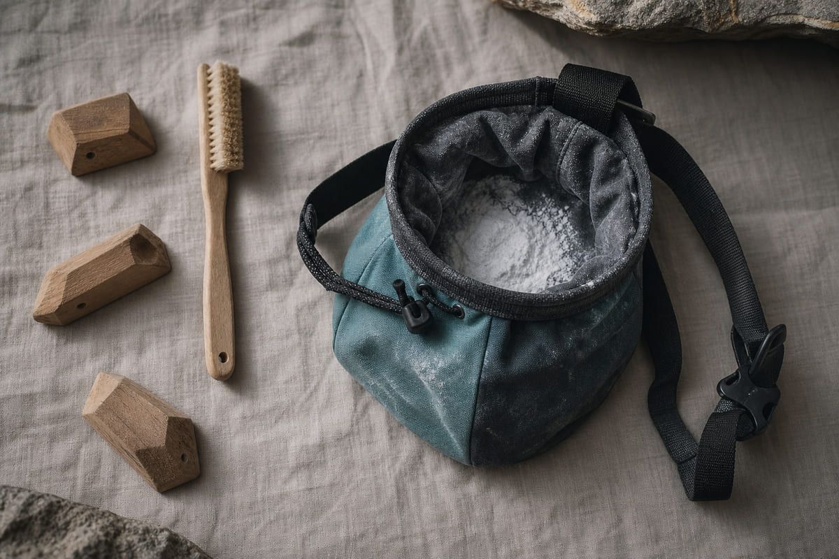 Boulderausrüstung im Flat-Lay-Stil, die den Verlauf der Grad-Einstufung veranschaulicht.