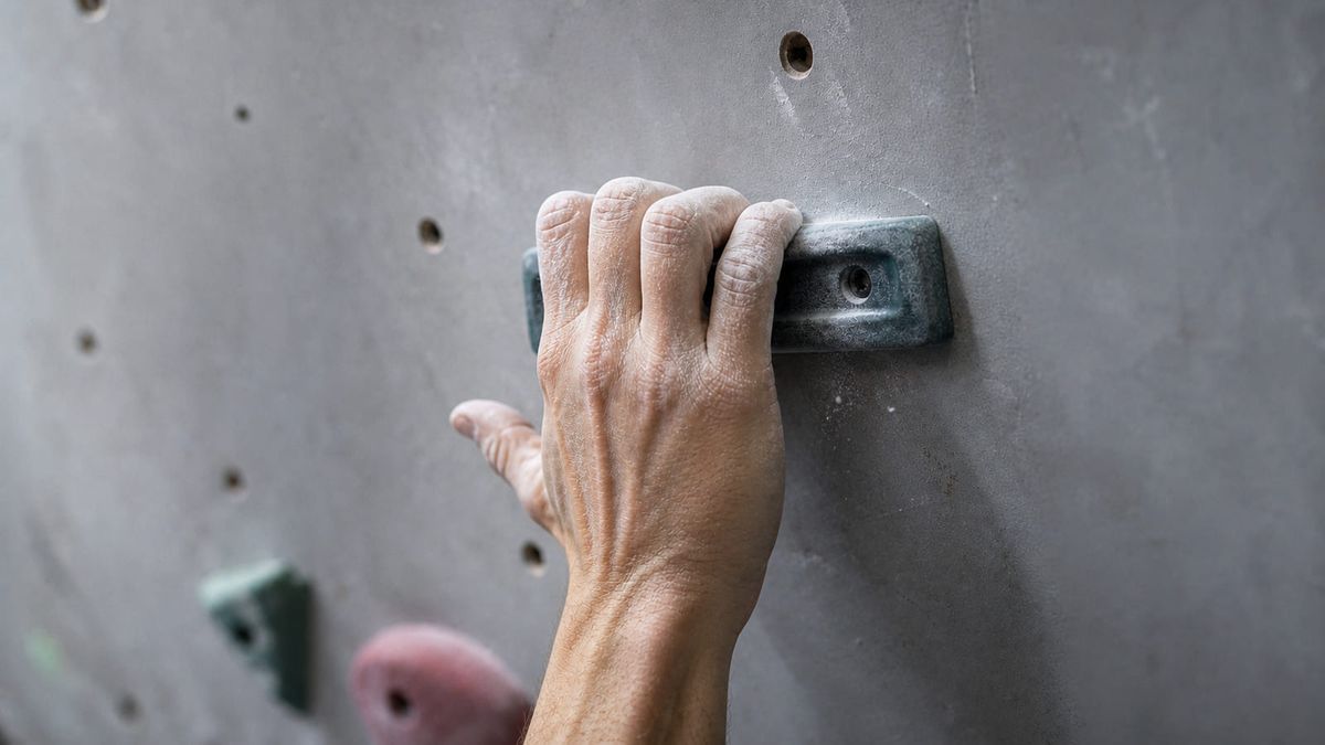 Eine gechalkte Hand im Halbcrimp an einer kleinen Leiste in der Boulderhalle.