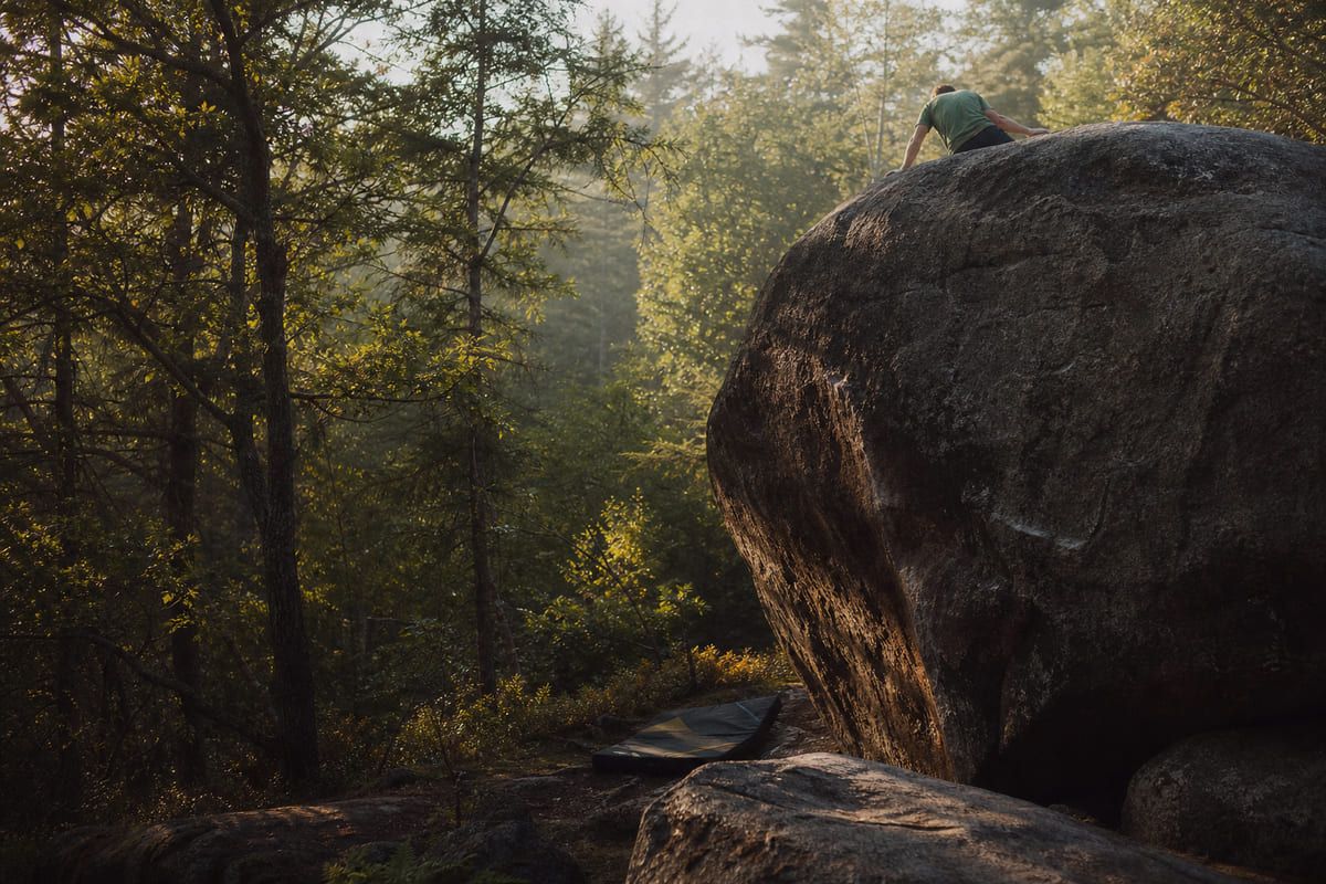 Ein Boulderer, der ein Sandsteinproblem im Wald bis zum Top ausklettert.